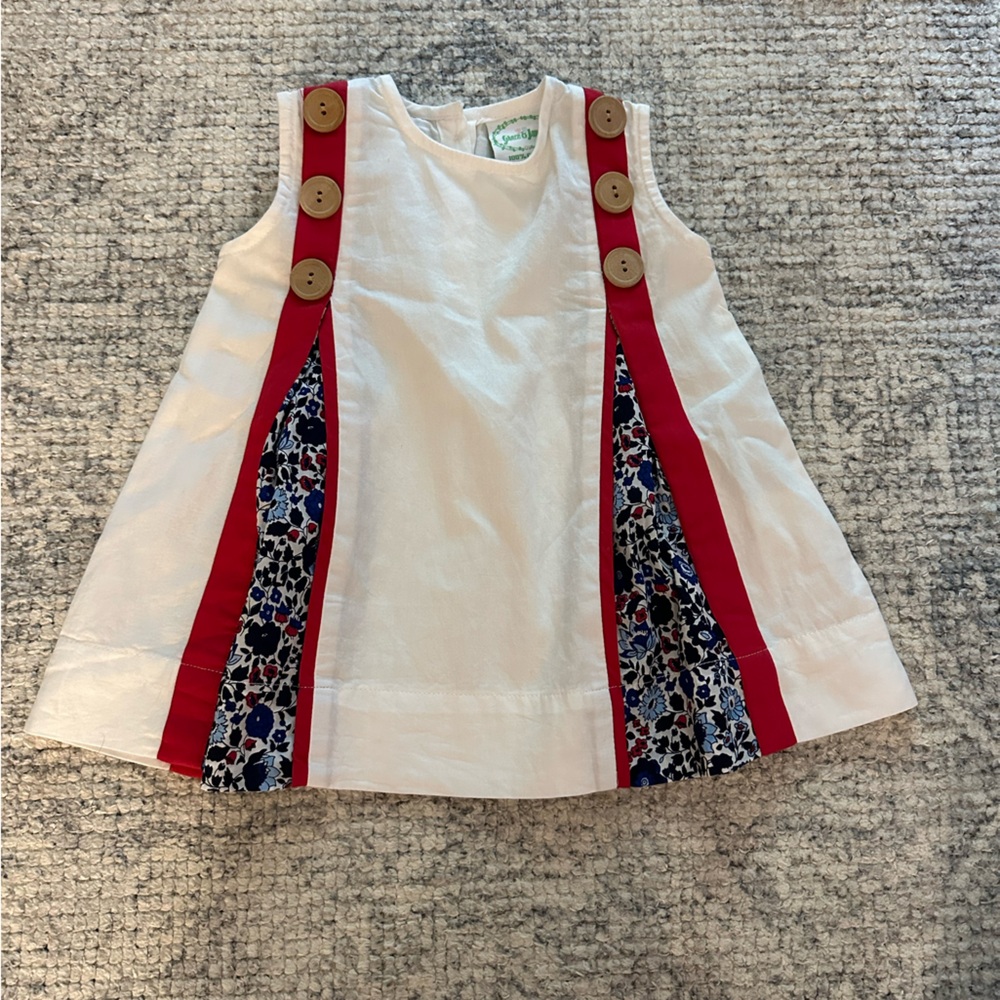 Grace & James white dress with red stripe and blue liberty print size 9 months